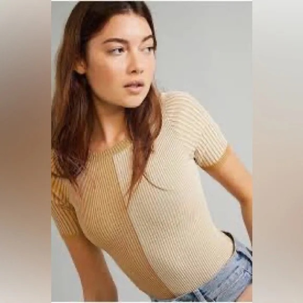 Free People Tan Ribbed Knit Top